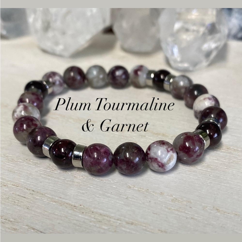 2/$40 - 8mm Plum Pink Tourmaline and Garnet gemstone stretch bracelet